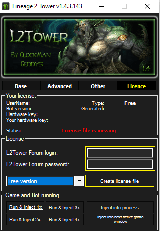 L2Tower v1.4 licence window — banner art, forum login fields, and inject buttons