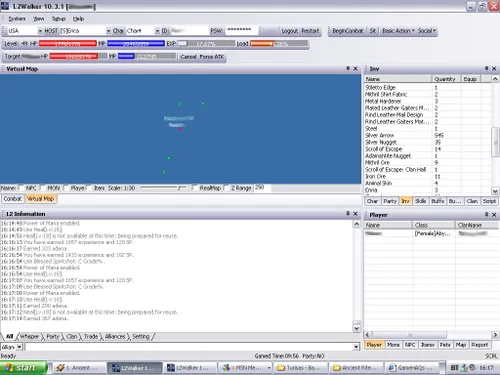 L2Walker out-of-game window on Windows XP — virtual map, inventory, and information log
